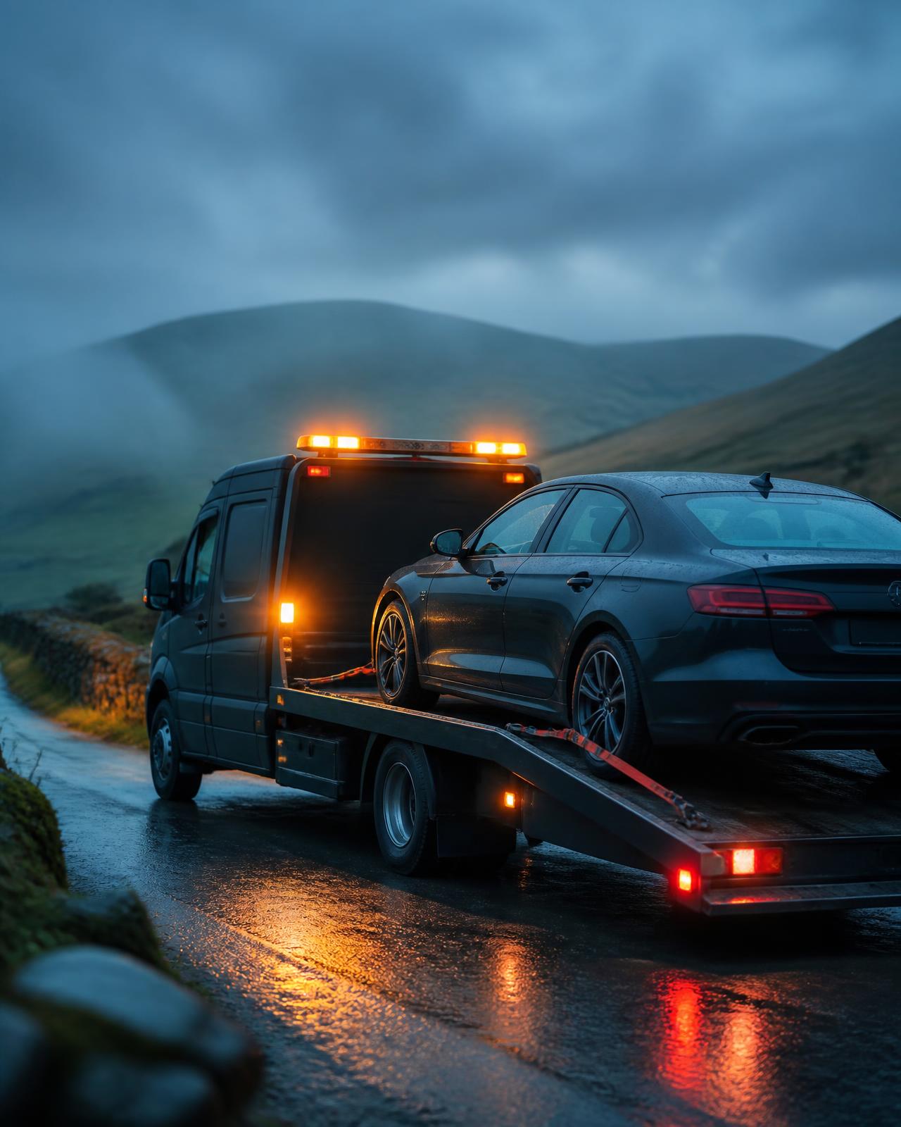King Recovery flatbed tow truck loading a car on a wet Irish road at dusk